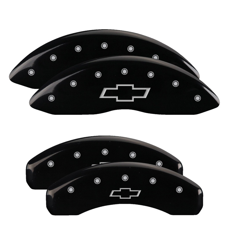 Show details for MGP Caliper Covers 14004SBOWBK Set of 4 caliper covers, Engraved Front and Rear: Bowtie, Black powder coat finish, silver characters.