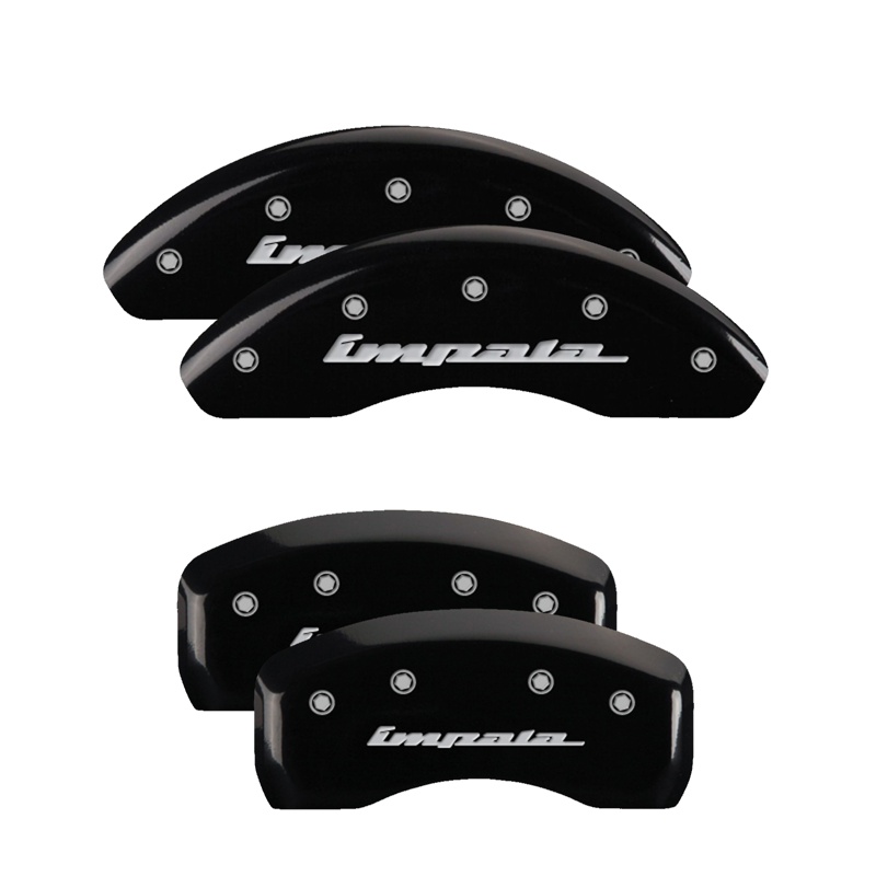 Show details for MGP Caliper Covers 14223SIMPBK Set of 4 caliper covers, Engraved Front and Rear: Impala, Black powder coat finish, silver characters.