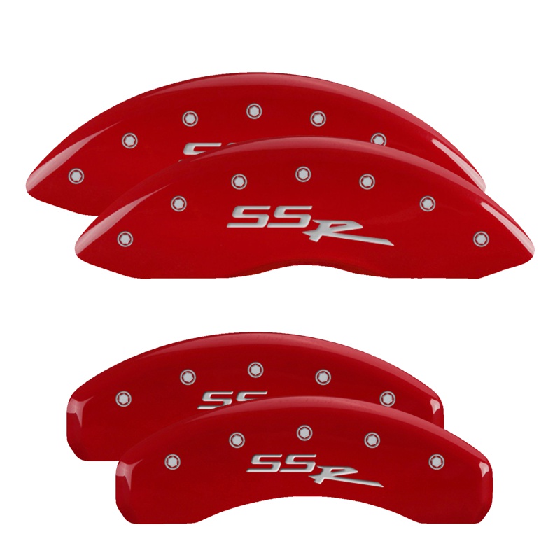 Show details for MGP Caliper Covers 14030SSSRRD Set of 4 caliper covers, Engraved Front and Rear: SSR, Red powder coat finish, silver characters.
